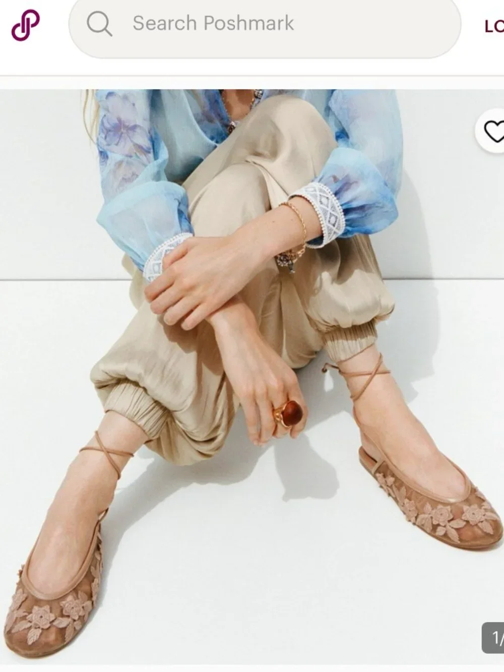 ZARA Mesh Flat Shoes Beige Floral Embroidered Lace-Up Ankle Tie Size 39/8.5 US